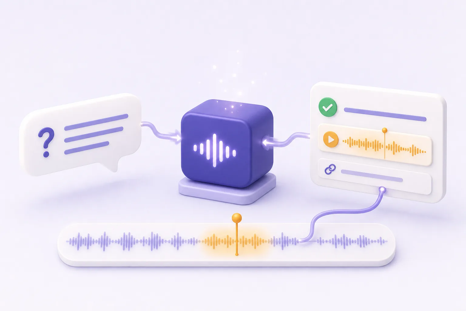 A podcast tool returning an answer linked back to a highlighted audio moment.