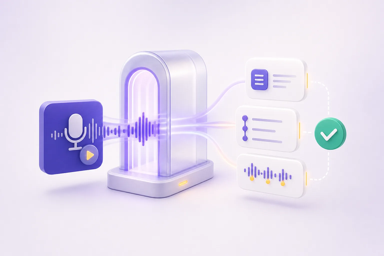 A new podcast episode passing through an indexing gate and becoming structured outputs.