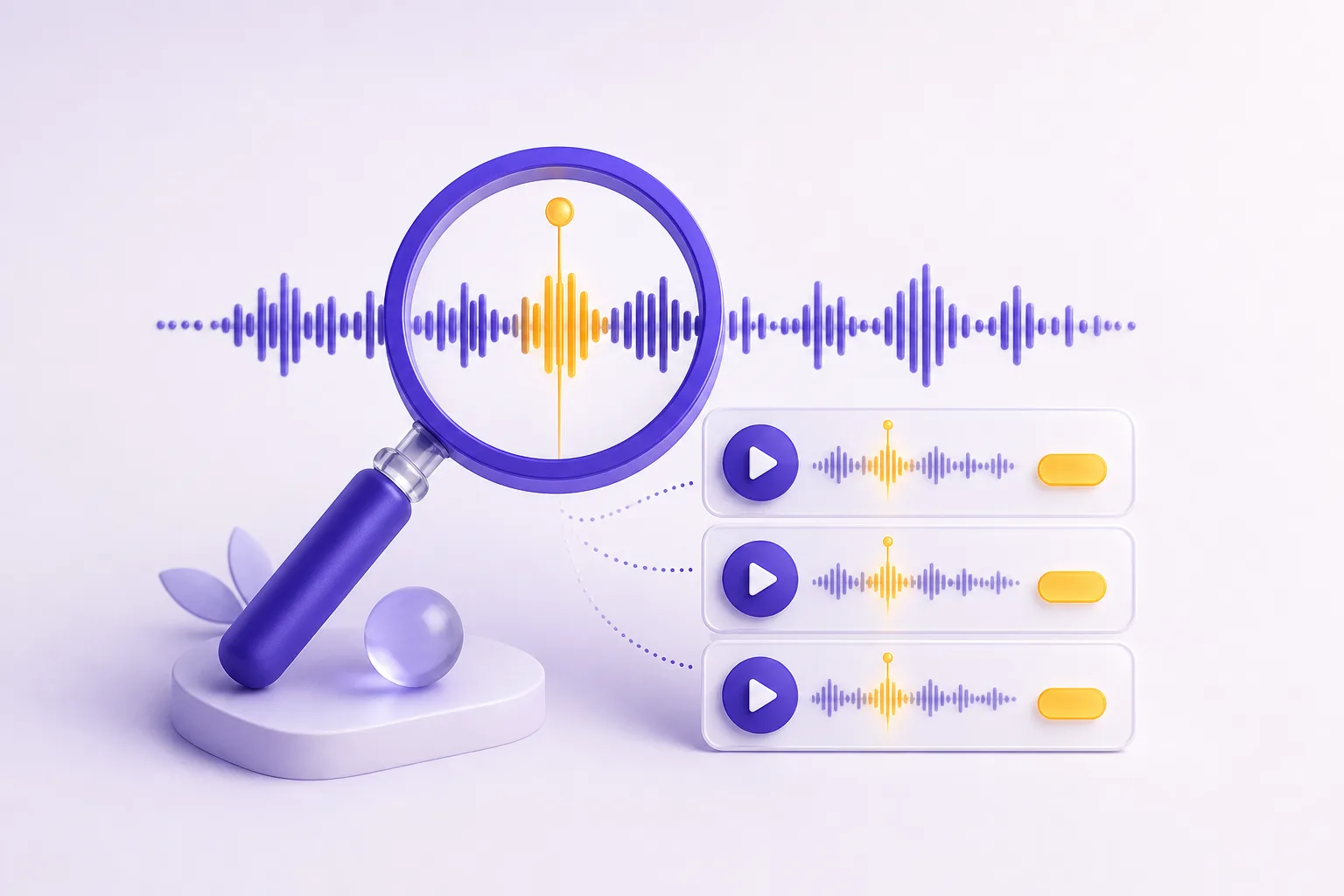 A magnifying glass finding highlighted moments inside a podcast waveform.